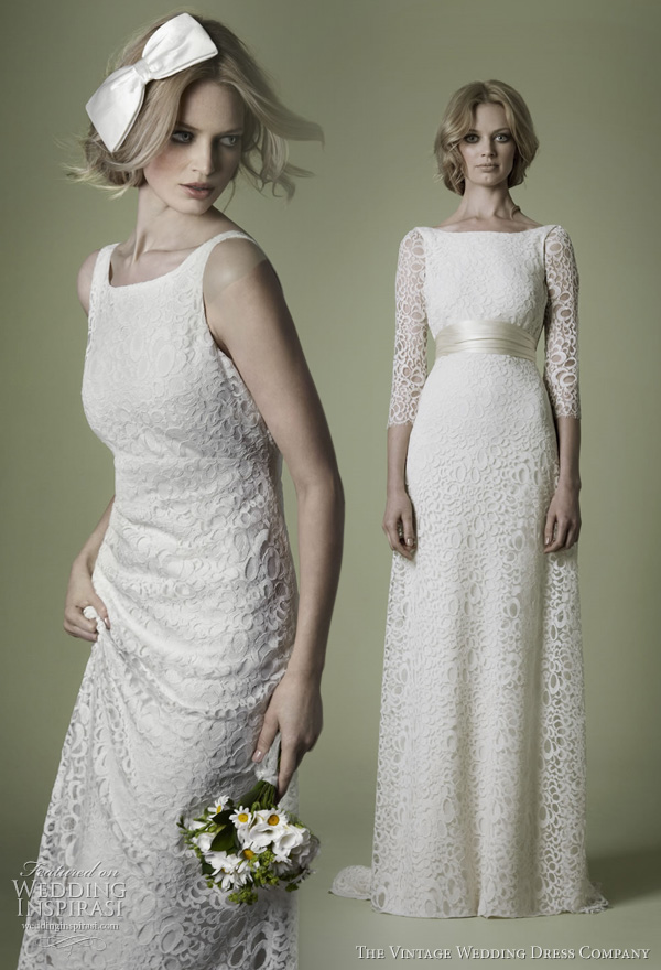 1960s wedding dresses vintage - 1960s style lace bridal gown with boat neck, empire waistline and low scoop back 