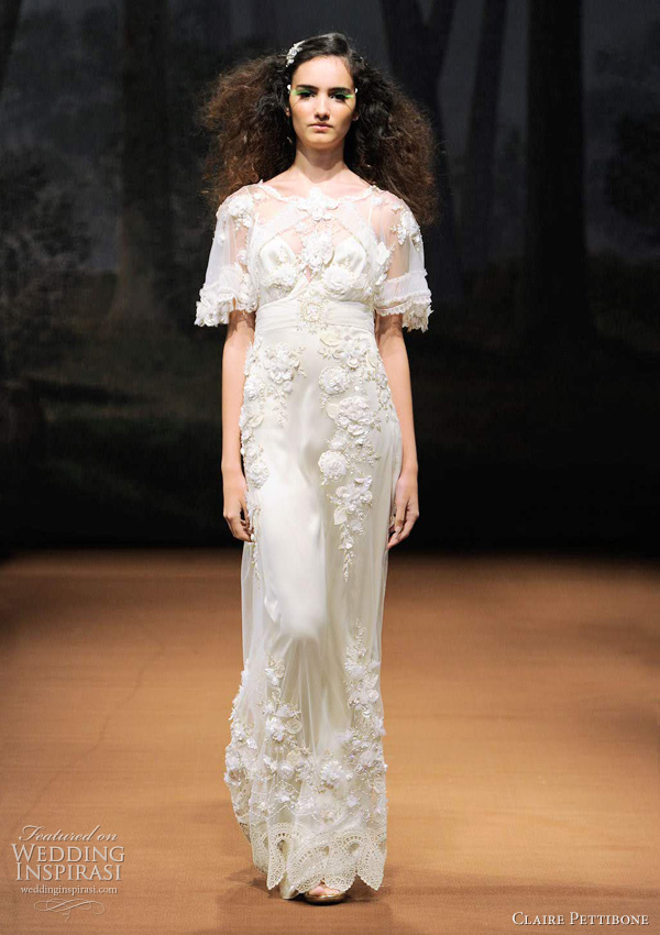 claire pettibone bridal 2011 - Sparrow wedding dress platinum handkerchief sleeves with beaded flowers and leaves.