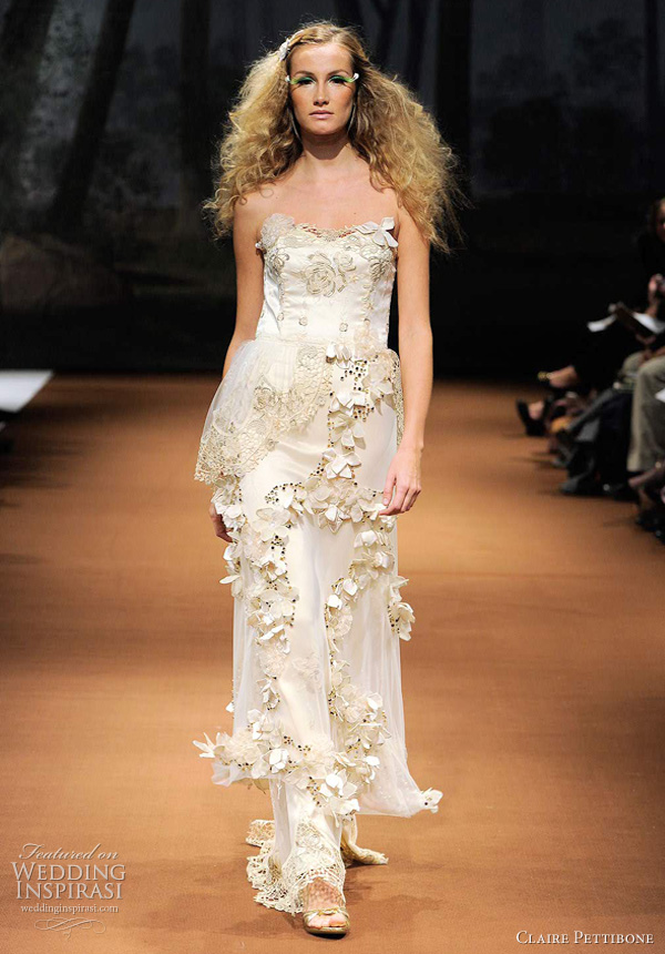 claire pettibone spring 2011 wedding dresses - FAUNA Strapless champagne and olive scalloped embroidery with jeweled flowers and detachable peplum/capelet.