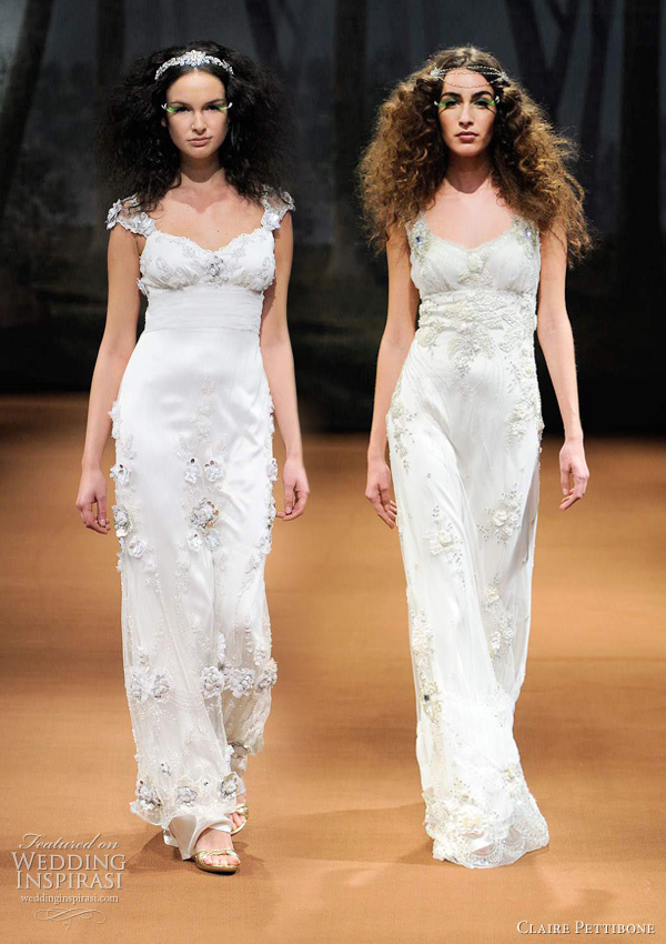 claire pettibone spring 2011 -  MISTI Silver leather and beaded flowers embroidered on tulle with sheer embellished back, CRESCENT Sweetheart neckline with tulle crescent draping encrusted with crystals and beads. 