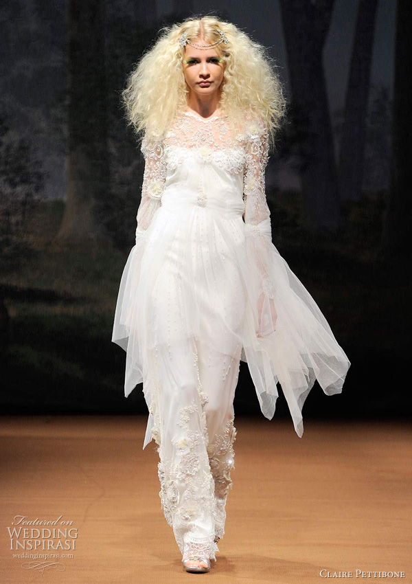 claire pettibone wedding dresses - ARWEN long sleeve illusion neck with handkerchief draping over beaded tulle, lace and silk. claire pettibone wedding dresses - ARWEN long sleeve illusion neck with handkerchief draping over beaded tulle, lace and silk.
