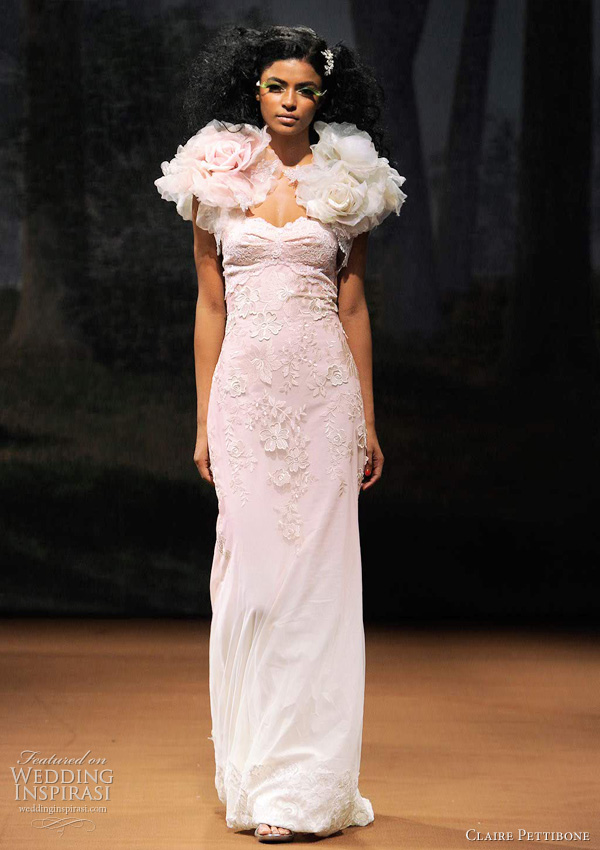 ombre wedding dress claire pettibone - DEW DROP Pale pink ombre embroidered bubble skirt with dew-drop covered rose 