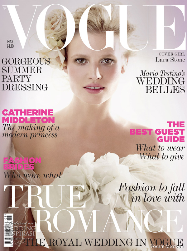 Lara Stone wearing Bruce Oldfield wedding dress on cover of Vogue May 2011 - Special Collector's Wedding Issue (includes feature on the Royal Wedding), shot by Mario Testino