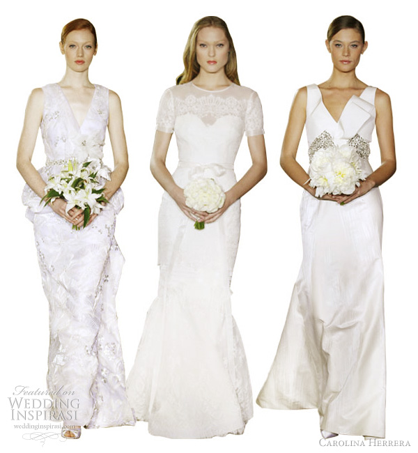 carolina herrera bridal 2012 collection - Chantal white porcelain and champagne cord embroidery gown and lily belt, Erin chantilly lace gown, Barbara ivory brush stroke cotton silk jacquard v-neck gown with antique silver crystal embroidery carolina herrera bridal 2012 collection - Chantal white porcelain and champagne cord embroidery gown and lily belt, Erin chantilly lace gown, Barbara ivory brush stroke cotton silk jacquard v-neck gown with antique silver crystal embroidery