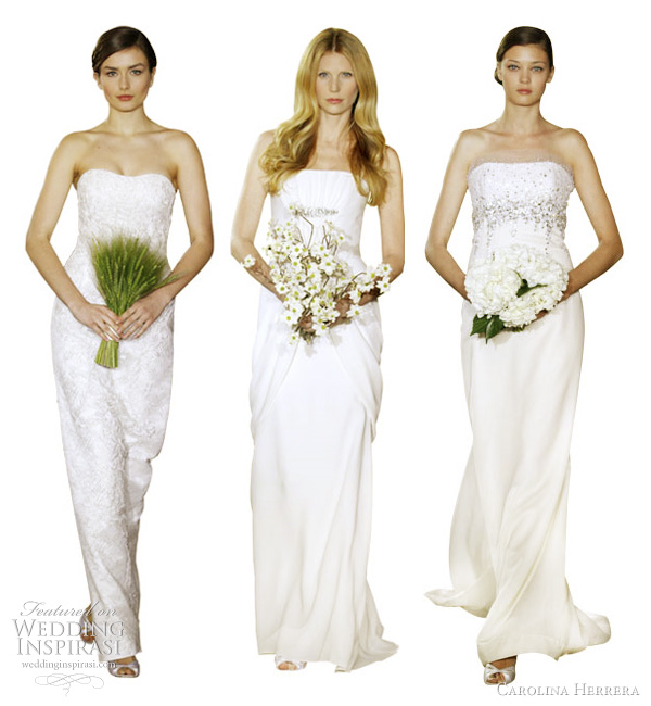 Carolina Herrera bridal 2012 strapless wedding dresses - Andreea off white ribbon embroidered Chantilly lace strapless gown, Audi silk Georgette draped strapless gown with antique silver art deco brooches, Diana antique silver embroidered silk and wool organdy handkerchief strapless gown