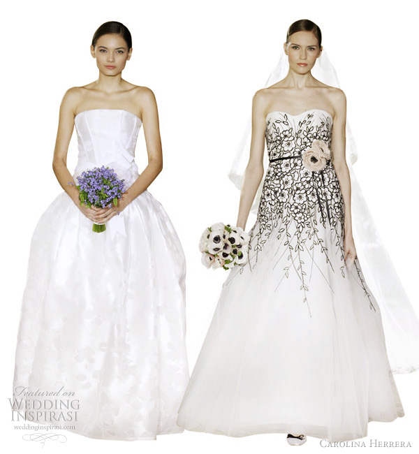 carolina herrera bridal spring 2012 - Tayane off white silk satin and organza floral mesh strapless wedding gown; Rachel black and ivory cotton embroidered lace strapless gown with anemones 