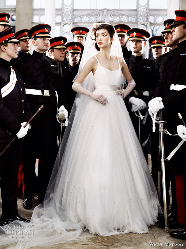 jenny packham wedding dress vogue - model Sun Fei Fei in a wispy ballerina silk tulle dress with crystal embroidery by Jenny Packham, surrounded by officers of the household cavalry mounted regiment, shot by fashion photographer Mario Testino, for British Vogue Royal Wedding Issue May 2011
