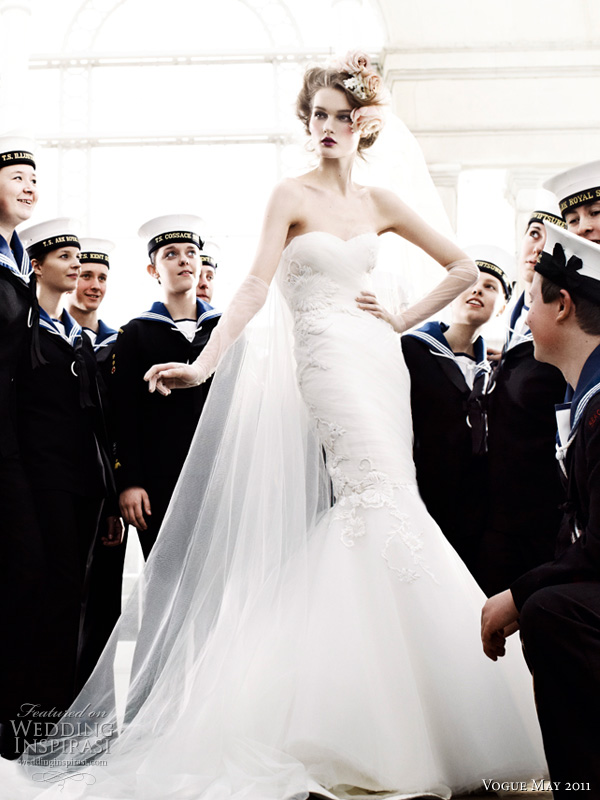 marchesa wedding dress mario testino - model Kirsi Pyrhonen in a draped tulle column dress with fishtail skirt by Marchesa, surrounded by british maritime youth sea cadets, shot by fashion photographer Mario Testino, for Vogue UK royal wedding issue May 2011