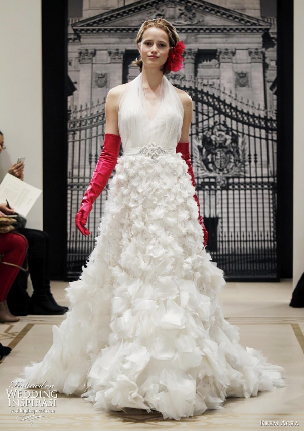 reem acra bridal spring 2012 - wedding dress, red gloves, hair accesories