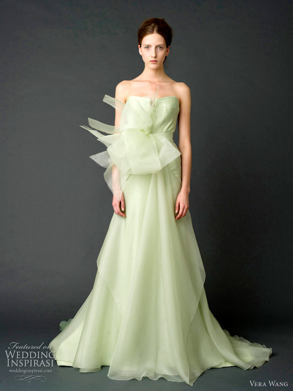 vera wang 2012 wedding dresses - Celadon strapless ballerina ballgown with layers of degrade floral laser-cut organza and trapunto-stitched bustier.