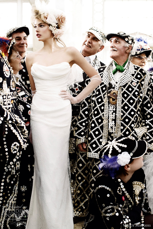 vivienne westwood wedding dress 2011 - Model Madelene de la Motte in a strapless silk and lace column wedding dress by Vivienne Westwood, surrounded by Cockney Costermongers, shot by photographer Mario Testino for British Vogue Royal Wedding Issue May 2011 