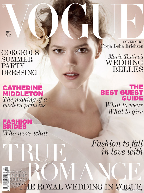 Vogue UK May 2011 - Wedding Issue (includes feature on the Royal Wedding) featuring Freja Beha Erichsen in Oscar de la Renta wedding dress (one of three Special Collectors covers), shot by Mario Testino