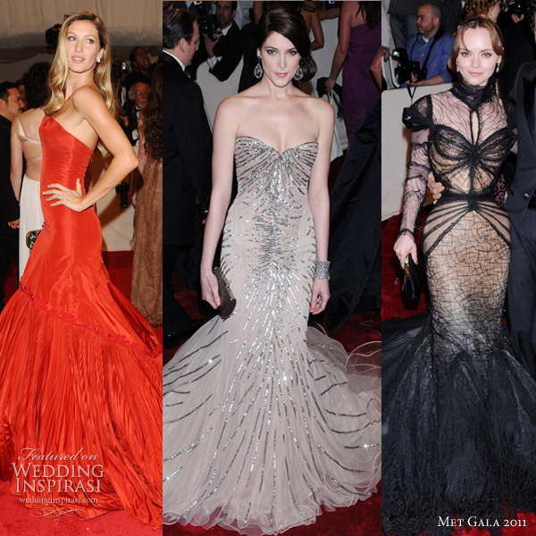 Alexander McQueen savage beauty exhibition Metropolitan Musuem Costume Institute Gala 2011. - Gisele Bundchen in Alexander McQueen, Ashley Green in Donna Karan, Christina Ricci in Zac Posen