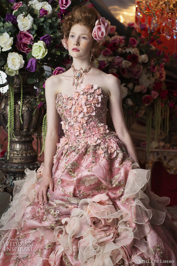 coral peach salmon pink wedding dress - light pinkish bridal gown by Stella de Libero coral peach salmon pink wedding dress - light pinkish bridal gown by Stella de Libero