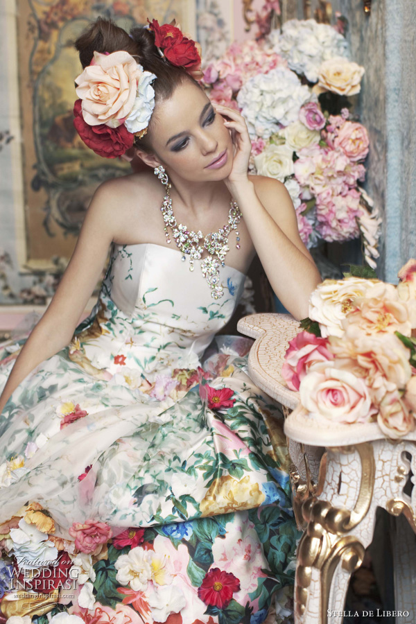 wedding dress with colored flowers