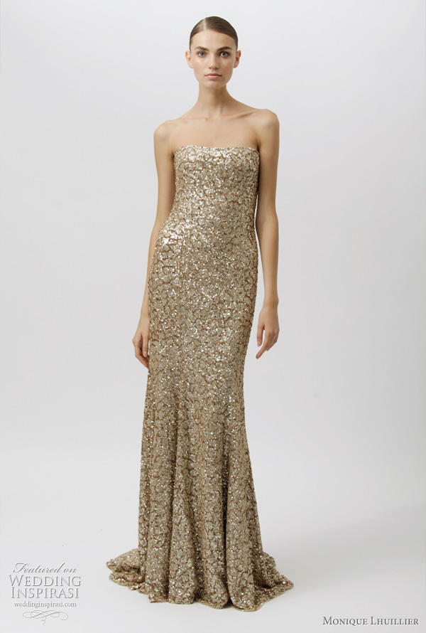 monique lhuillier 2012 dresses - gold strapless evening gown