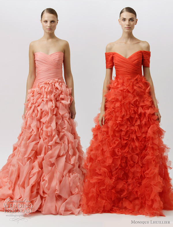 monique lhuillier resort 2012 - color wedding dresses ideas, red and salmon pink ruffle gowns