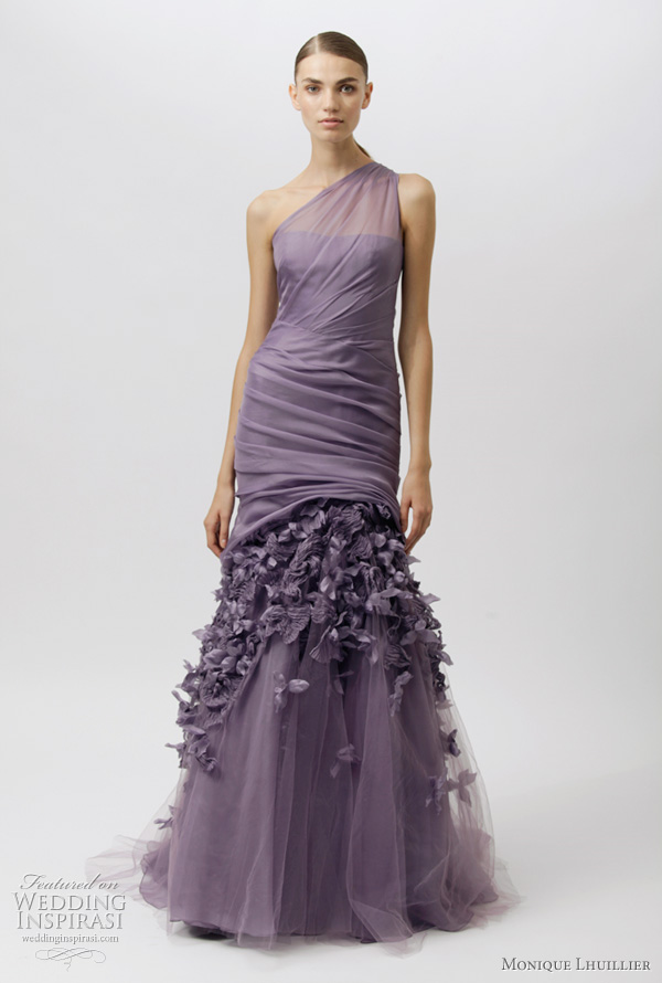 monique lhuillier resort 2012 purple dress - one shoulder evening gown with draped bodice