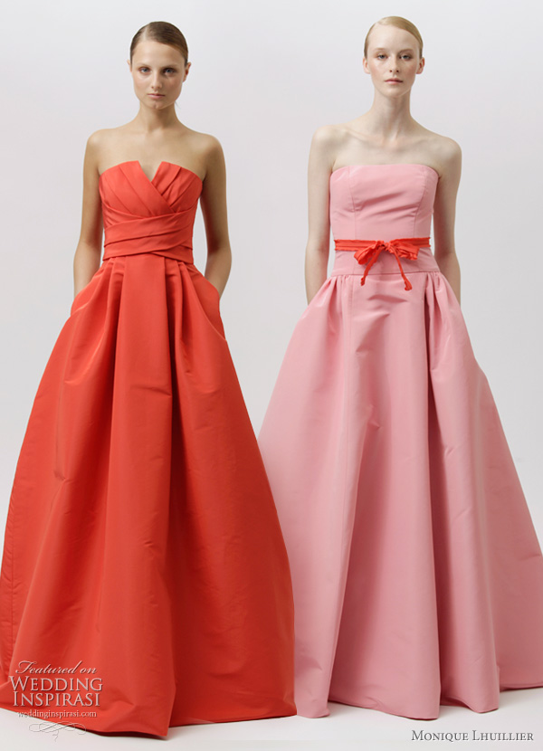 monique lhuillier resort 2012 - strapless red and pink dresses