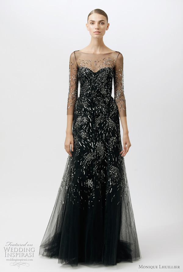 monique lhuillier resort 2012 dresses - black gown with illusion 3/4 sleeves and top