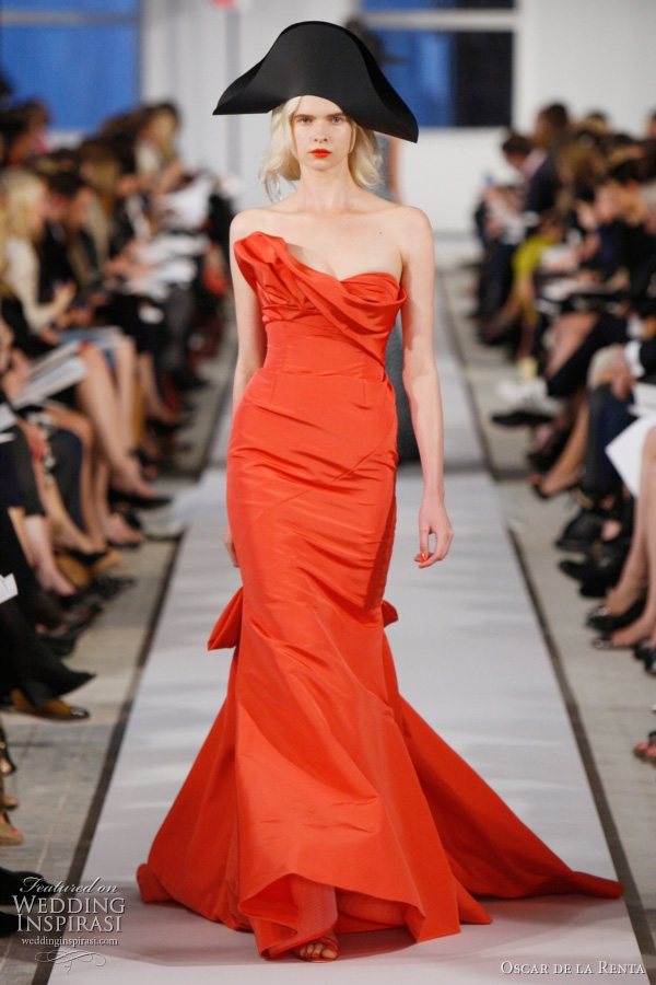 oscar de la renta 2012 resort collection - flamingo silk faille draped gown