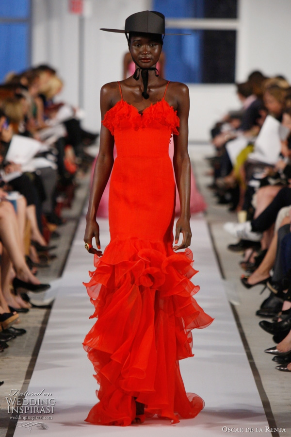 oscar de la renta 2012 resort - flamingo crinkle silk organdy flounce flamenco gown