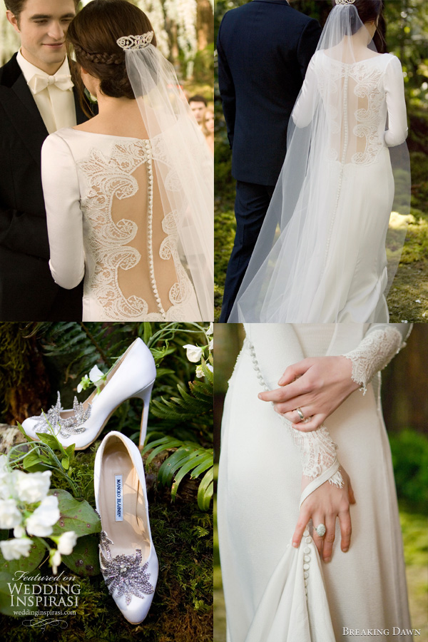 Twilight wedding dress details --  back of the Chantilly lace gown feature a row of 152 buttons and sheer panel framed with delicate embroidery. Jewel embellished Shoes by Manolo Blahnik.