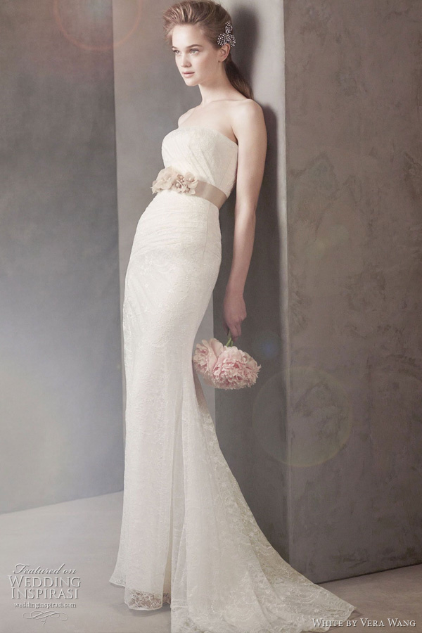 white by vera wang wedding dress fall 2011 - Strapless Draped Lace Column Gown Style VW351044