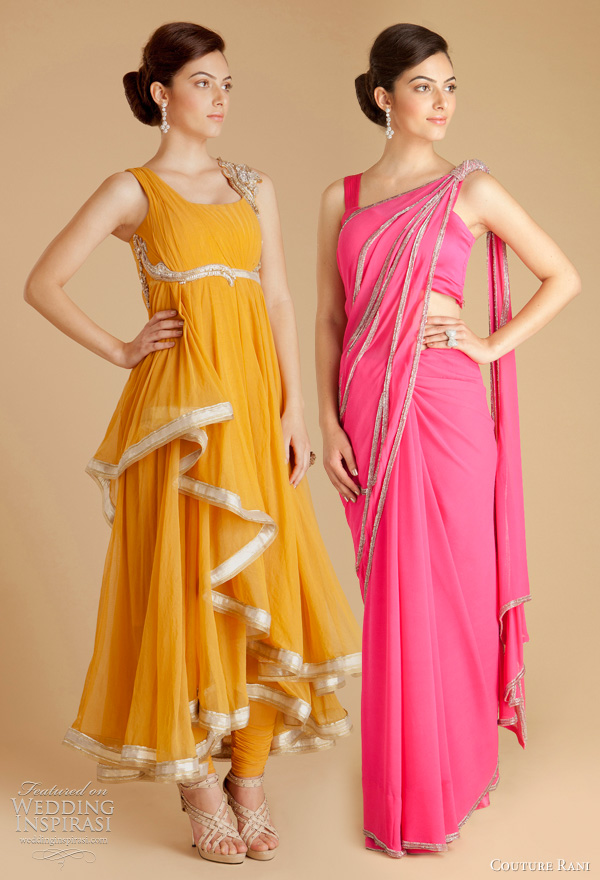 gaurav gupta 2011 couture rani designer collection - Saffron draped tulle anarkali with Churidar, Hot pink georgette sari with sequined twisted knot with butterfly-wing split pallav. 