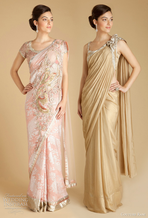 gaurav gupta saree wedding dresses - Light pink booti georgette sari with embroidered peacock motif, Gold foil chiffon sari with hand embroidered silver salli work brooch detail on shoulder and salli work along border of sari. 