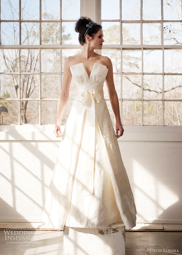 heidi elnora spring 2012 wedding dresses - tonya renae Raw silk in off-white Tulip inspired empire bodice/Slightly dropped waist A-line with Inverted front pleat and pockets Low scooped tulip back/Chapel train