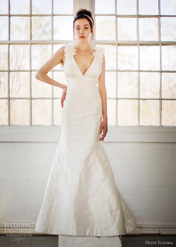 heidi elnora wedding dresses 2011 - Callie Aldridge gown V-front with petal covered shoulder straps Ruched waistband with modified trumpet skirt Low v-back with free flowing petal finish and chapel train