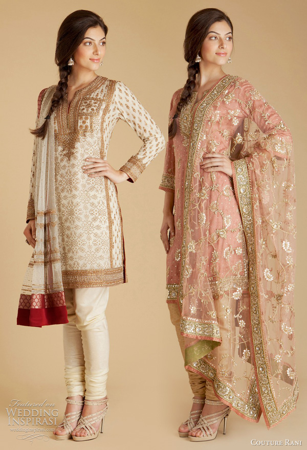 ritu kumar designer collection churidar salwar kameez - Red and cream shimmering georgette kurta with zardozi embroidery, pink satin kurta with gota embroidery with silk churidar pants with drawstring closure and poly net dupatta 