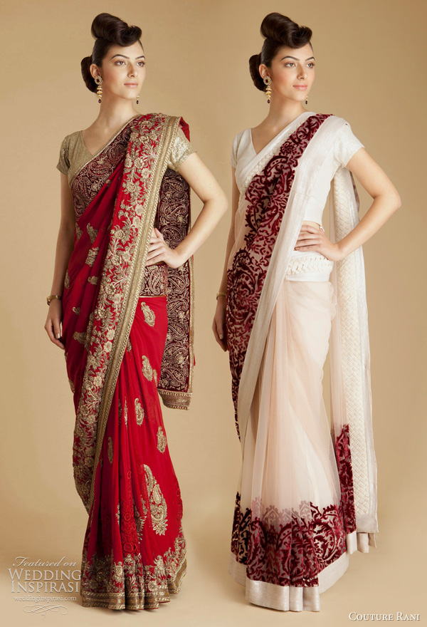 varun bahl designer bridal collection sarees available at Couture Rani - red georgette paisley sari, red velvet net sari