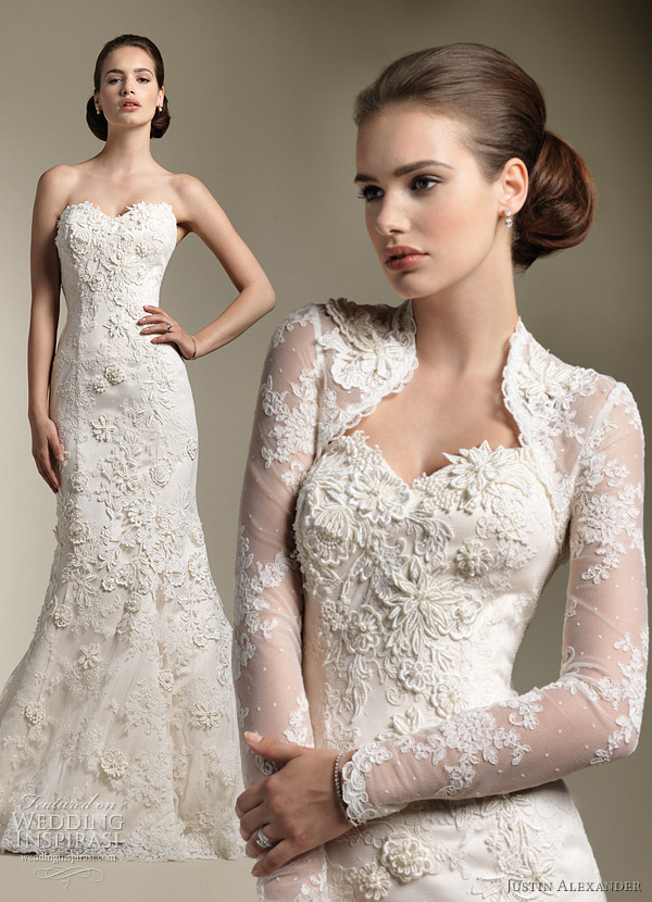 justin alexander 8605 wedding dress and long sleeve lace bolero jacket