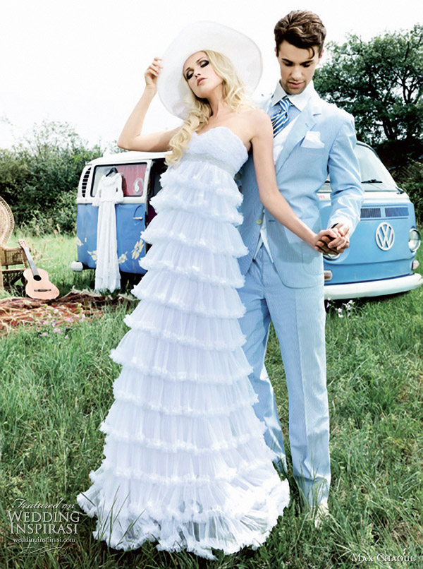 max chaoul couture wedding dresses 2012 - FUSIONNELLE gown and groom in light blue wedding suit
