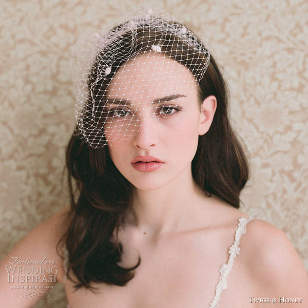 Twigs & Honey Bridal Short Veil with Blusher and Pencil Edge - Merrow Edge Bridal Veil with Blusher - Style #2358