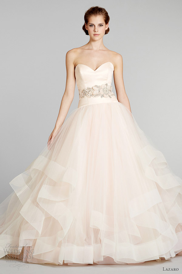 blush pink wedding dress princess cut lazaro bridal fall 2012