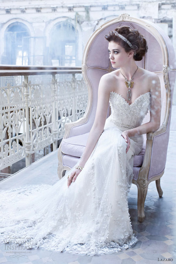 lazaro bridal fall 2012 beaded embroidered tulle wedding dress sweetheart jeweled natural waist a line organza chapel train 3261