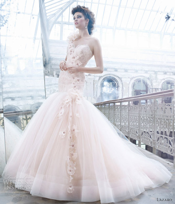lazaro fall 2012 pink wedding dress tulle ball gown sweetheart elongated lace corset flowers crystal one shoulder chapel train 3259