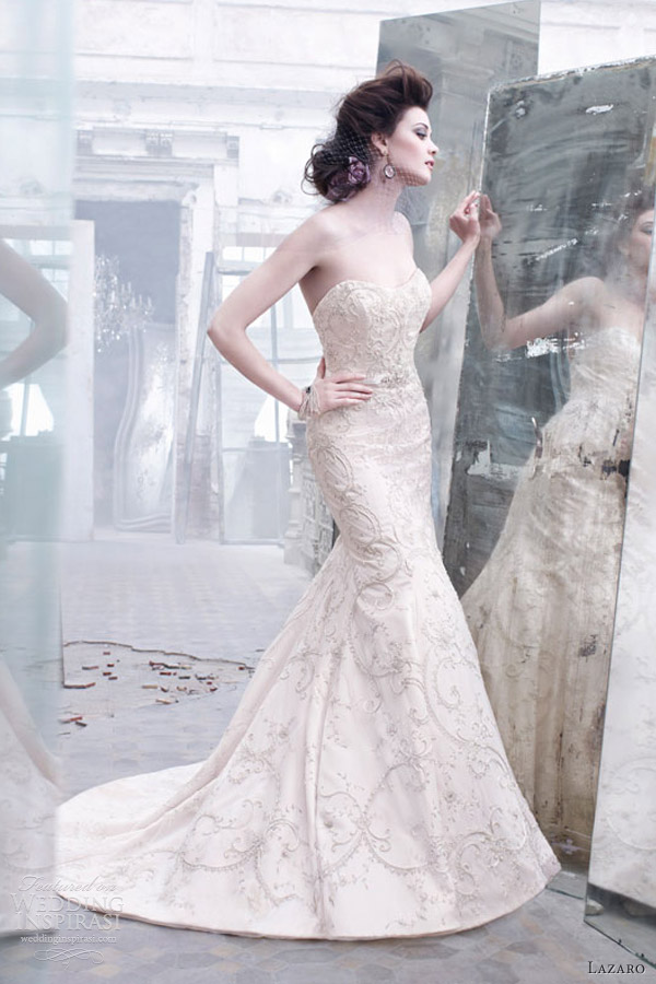 lazaro wedding dresses fall 2012 embroidered tulle silk gown sweetheart belt jewel fit flare chapel train 3262