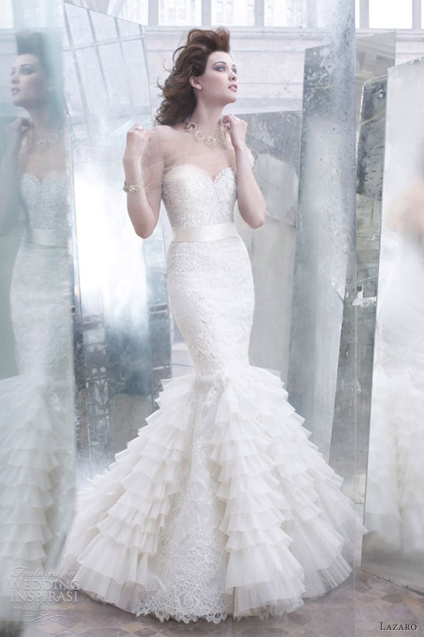 lazaro wedding dresses fall 2012 lace pleated mermaid gown sweetheart corseted silk ribbon belt 3258