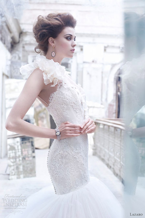 lazaro wedding dresses fall 2012 one shoulder tulle ball gown sweetheart elongated lace corset flowers crystal 3259