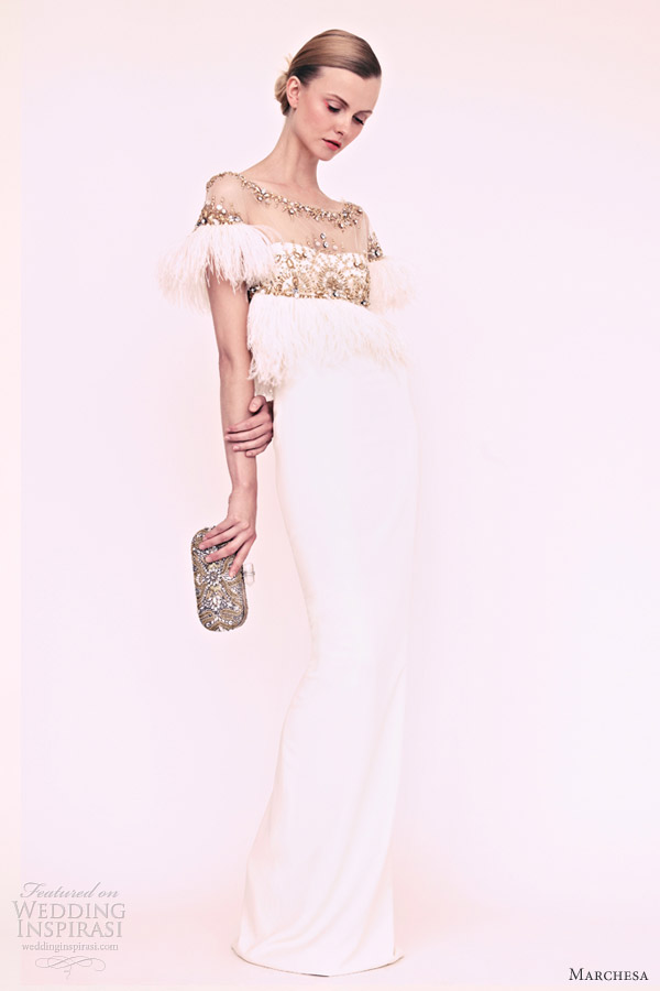 marchesa resort 2013 white column gown feather sleeves