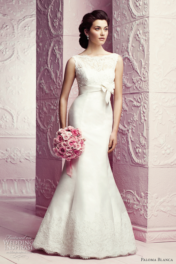 paloma blanca bateau neckline mermaid empire wedding dress style 4263