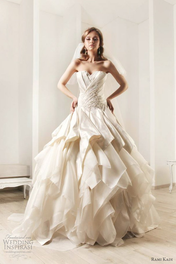 silk satin duchess unfinished organza draped wedding gown rami kadi