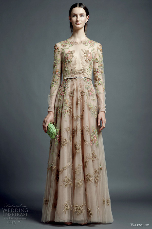 valentino resort 2013 nude floral dress long sleeves