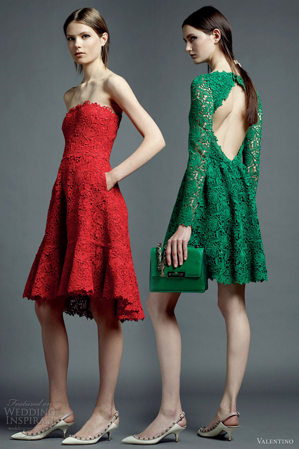 valentino resort 2013 red green color guipure lace short dresses