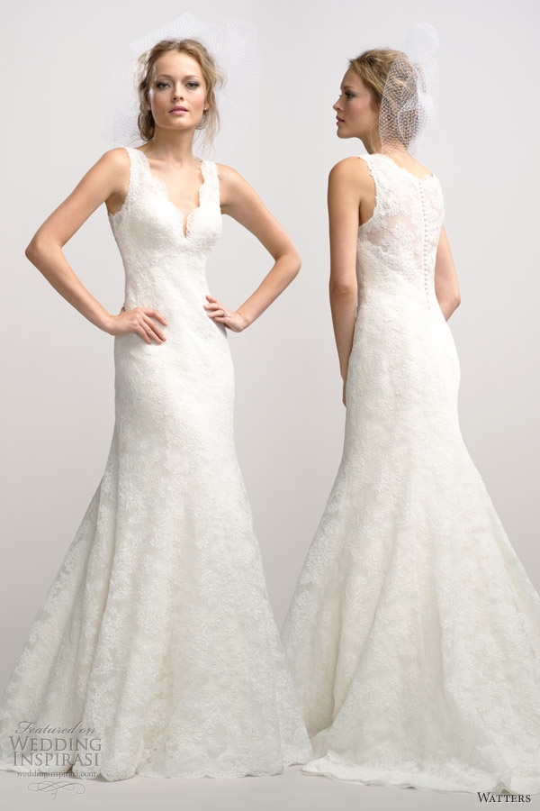 watters fall 2012 sleeveless lace fit flare wedding dress v neck