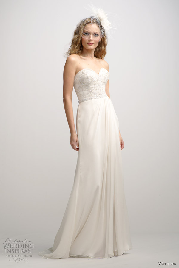 watters fall 2012 strapless wedding dress column skirt